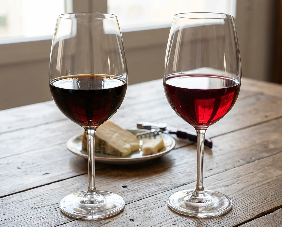 A glass of deep mahogany DO Málaga Trasañejo next to a clear garnet Sierras de Málaga red.