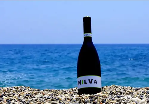 A wine bottle next to the Málaga sea