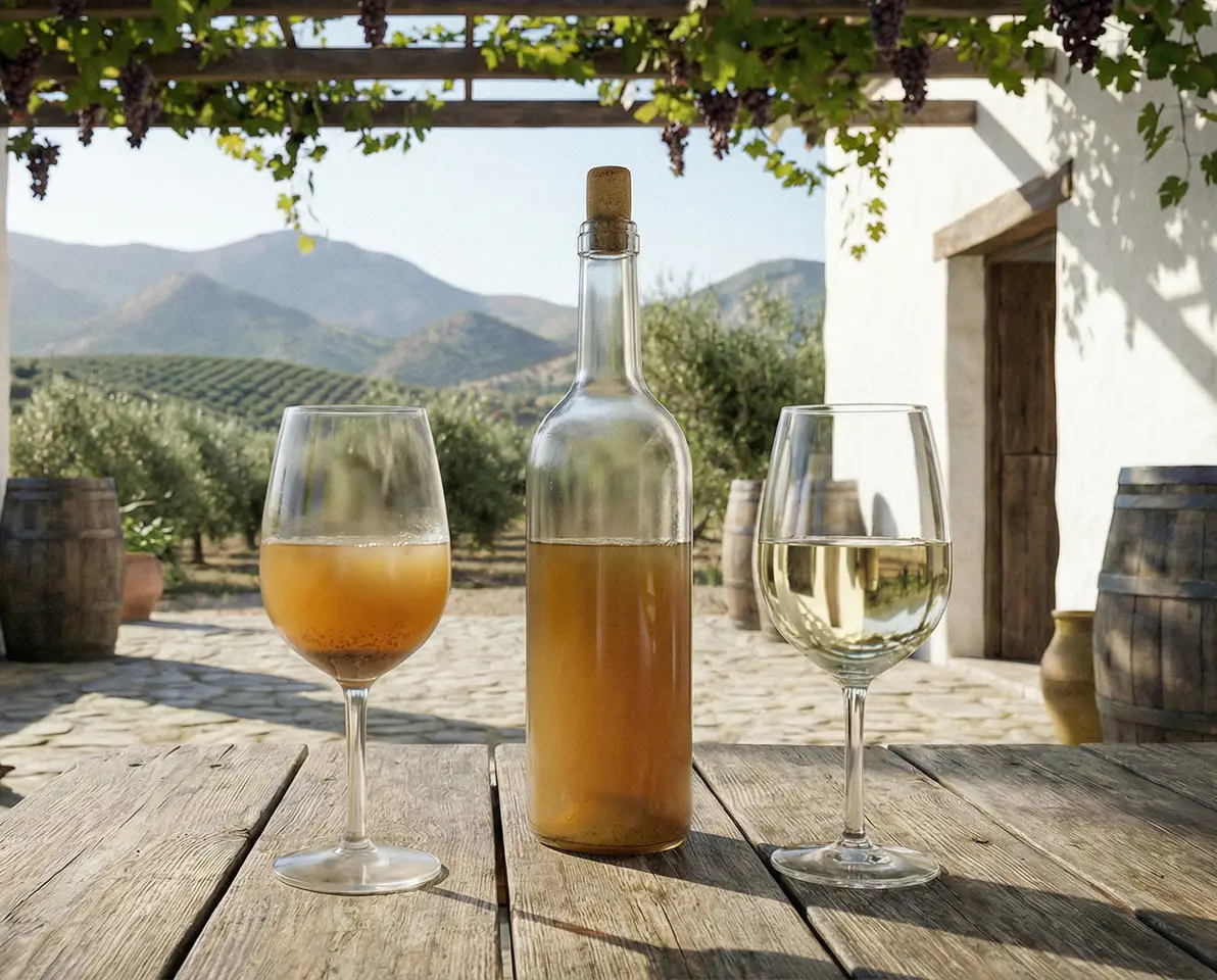 Side-by-side of a glass of pale, slightly cloudy mosto from the Serranía alongside a more polished white wine from a Ronda bodega