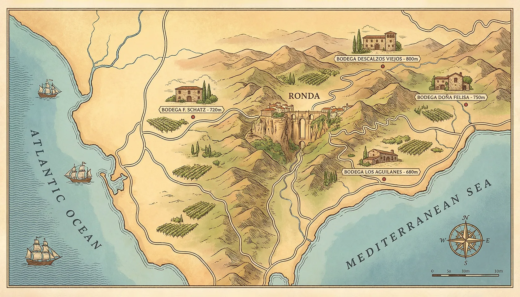illustrated map showing Ronda's position between the Atlantic and Mediterranean, with altitude elevation markers for key bodegas.