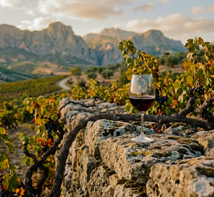 A wine glass at a vineyard in Ronda, Spain