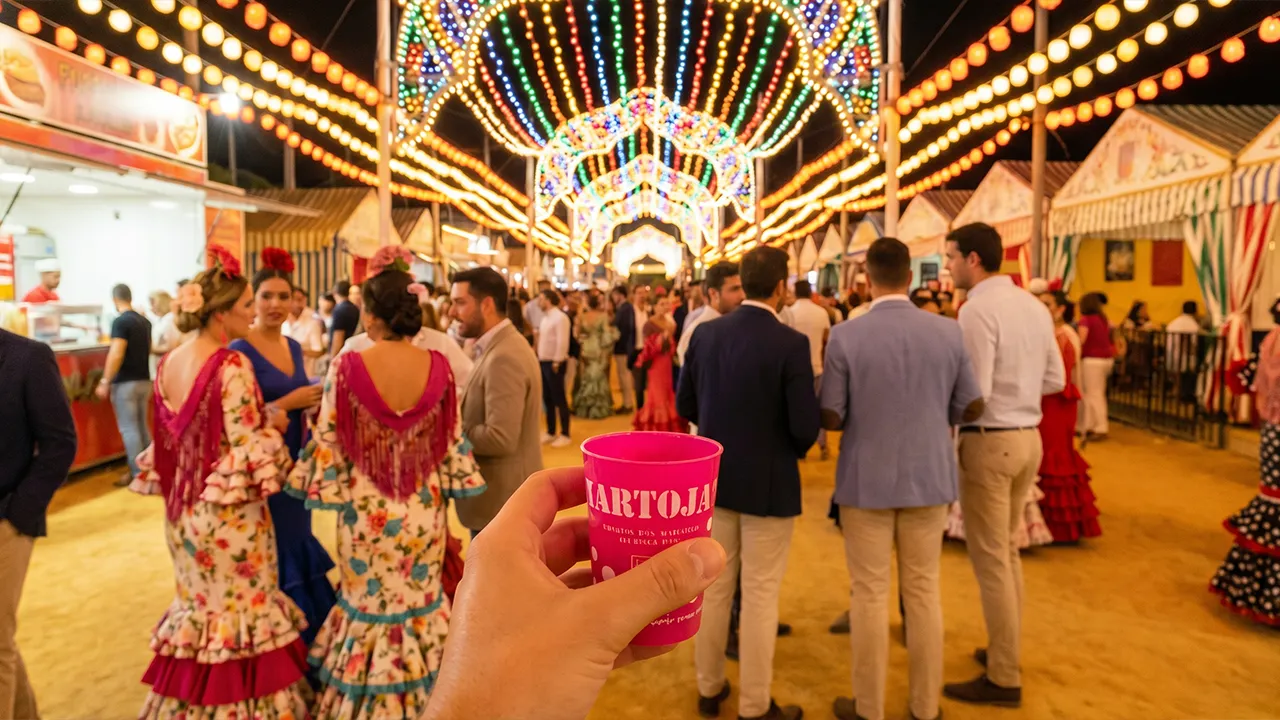 Málaga fair at night, colourful lights, people in flamenco dresses, someone holding a Cartojal glass