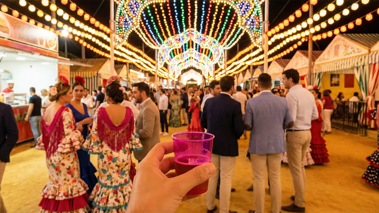 Málaga fair at night, colourful lights, people in flamenco dresses, someone holding a Cartojal cup