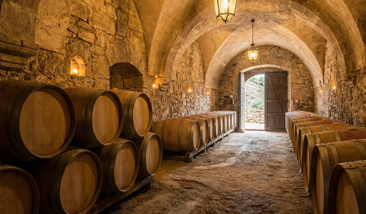French oak barrels in a semi-underground stone cellar