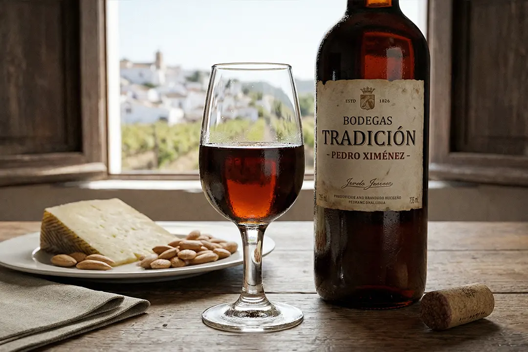 A cup of Pedro Ximénez next to the bottle