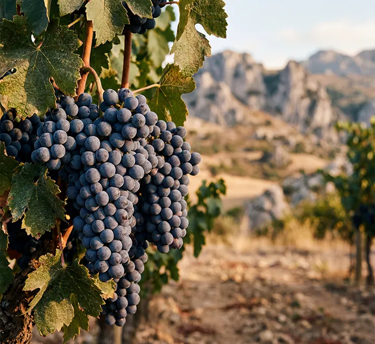 Petit Verdot grape clusters on the vine in a high-altitude vineyard in Ronda, Spain