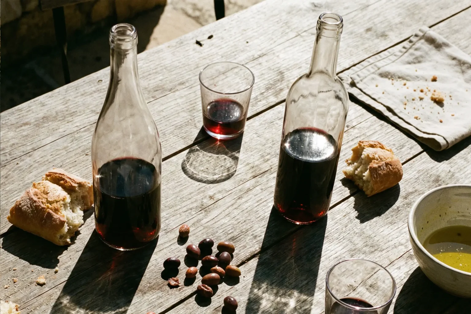 Rustic wooden table with half-empty bottle of spanish red wine