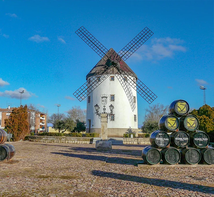 A windmill and some wine barrels in Valdepeñas