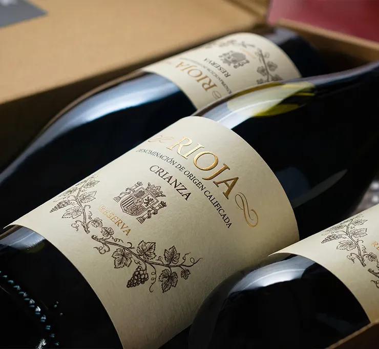 Rioja red wine bottles in a box